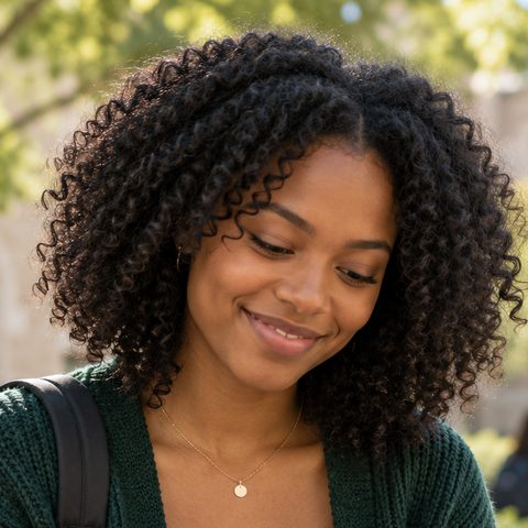College student smiling as she checks her phone on campus