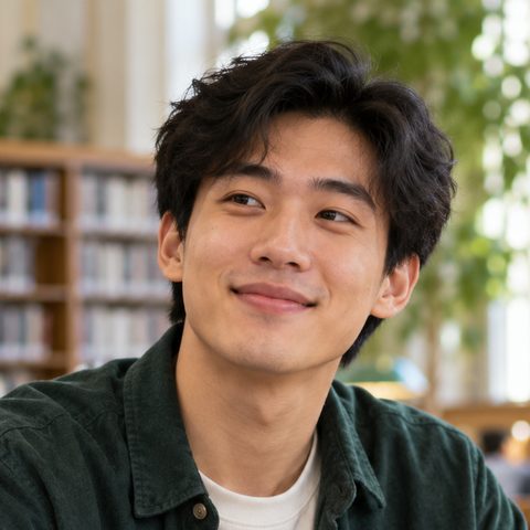 College student smiling at his laptop in a sunlit library