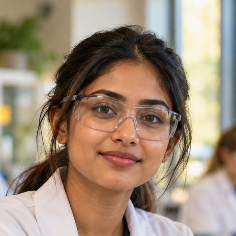 Science student in a lab coat and safety glasses