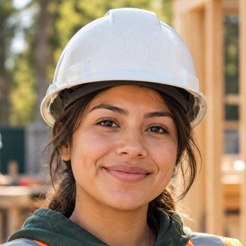 Construction student in a hard hat and safety vest at a job site