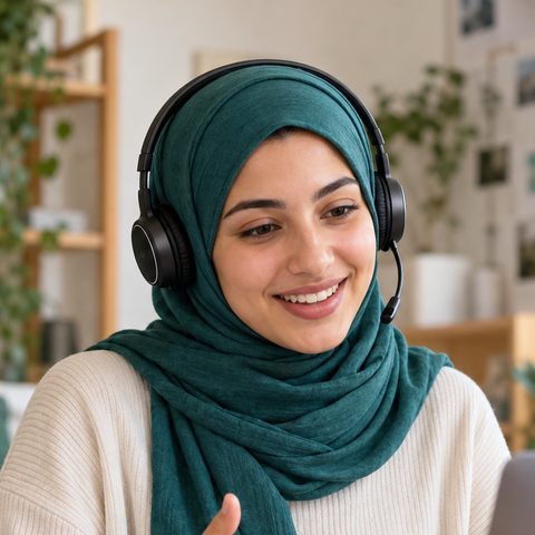 Student in a headset talking with a mentor on a video call
