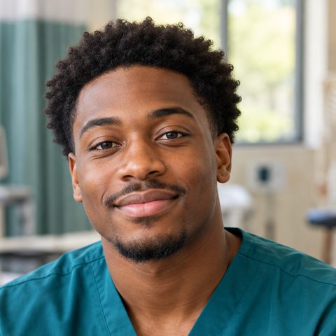 Nursing student in scrubs in a simulation lab