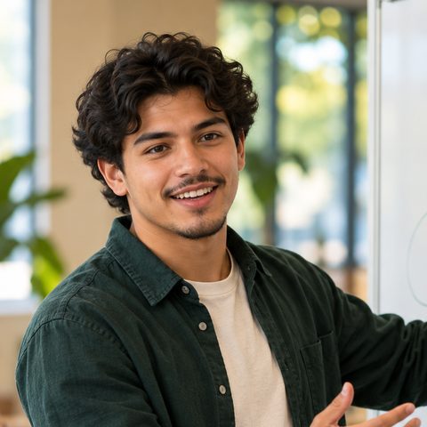 College student presenting at a whiteboard