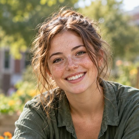 Student smiling while working in a campus garden
